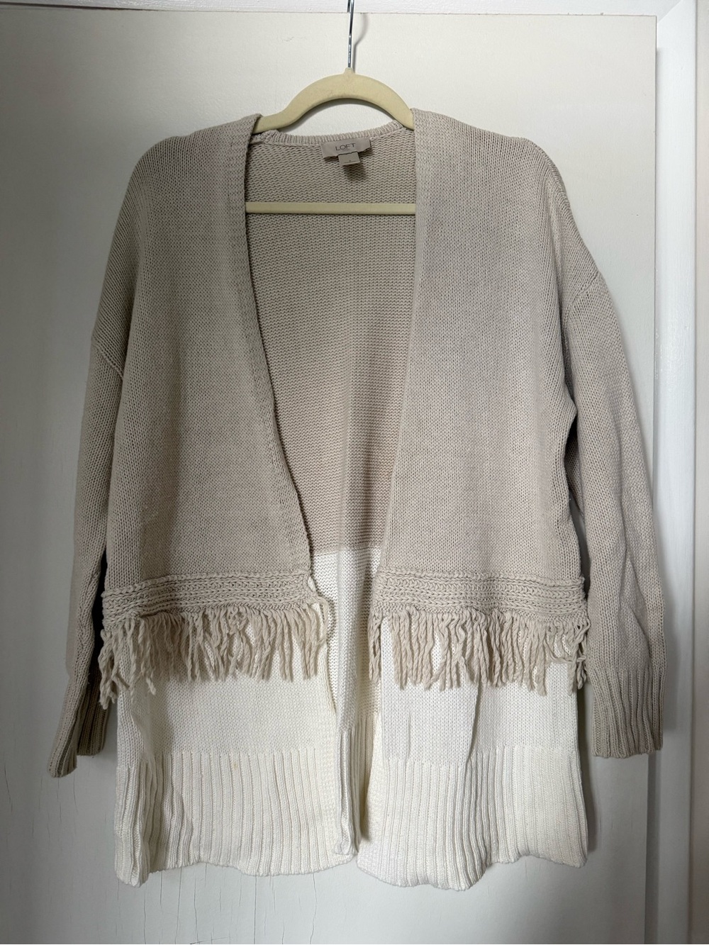 LOFT Two-Tone Fringe Open-Front Cardigan - Beige & Cream